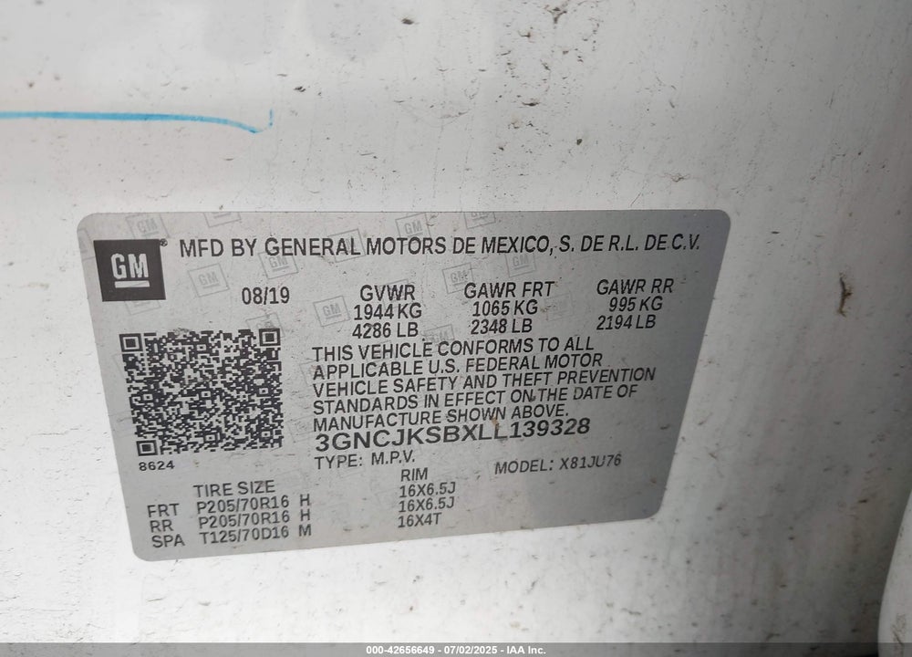 2020 CHEVROLET TRAX FWD LS VIN: 3GNCJKSBXLL139328