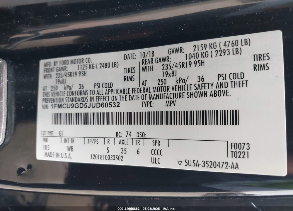 2018 FORD ESCAPE VIN: 1FMCU9GD5JUD60532
