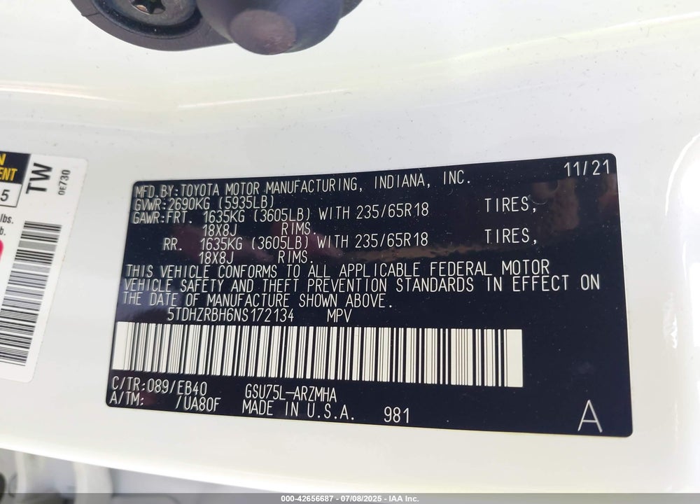 2022 TOYOTA HIGHLANDER VIN: 5TDHZRBH6NS172134