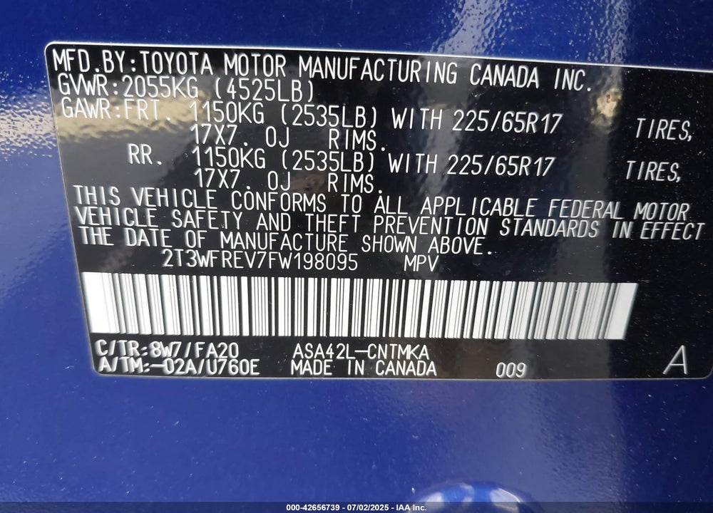 2015 TOYOTA RAV4 VIN: 2T3WFREV7FW198095