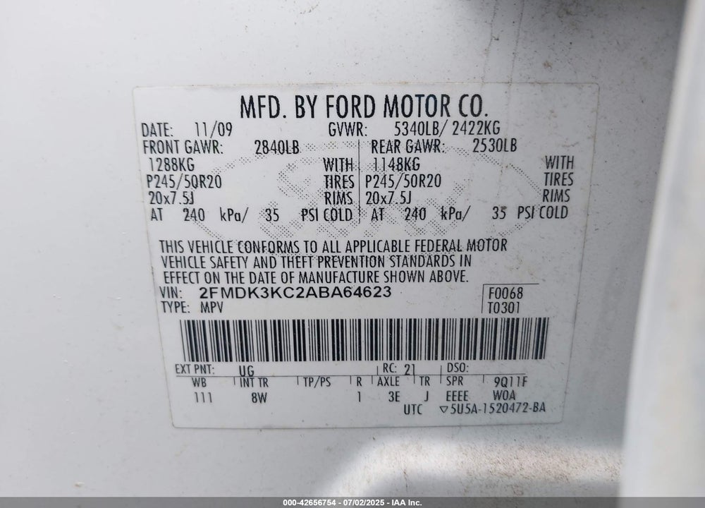 2010 FORD EDGE VIN: 2FMDK3KC2ABA64623