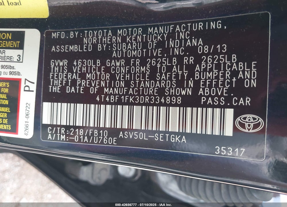 2013 TOYOTA CAMRY VIN: 4T4BF1FK3DR334898