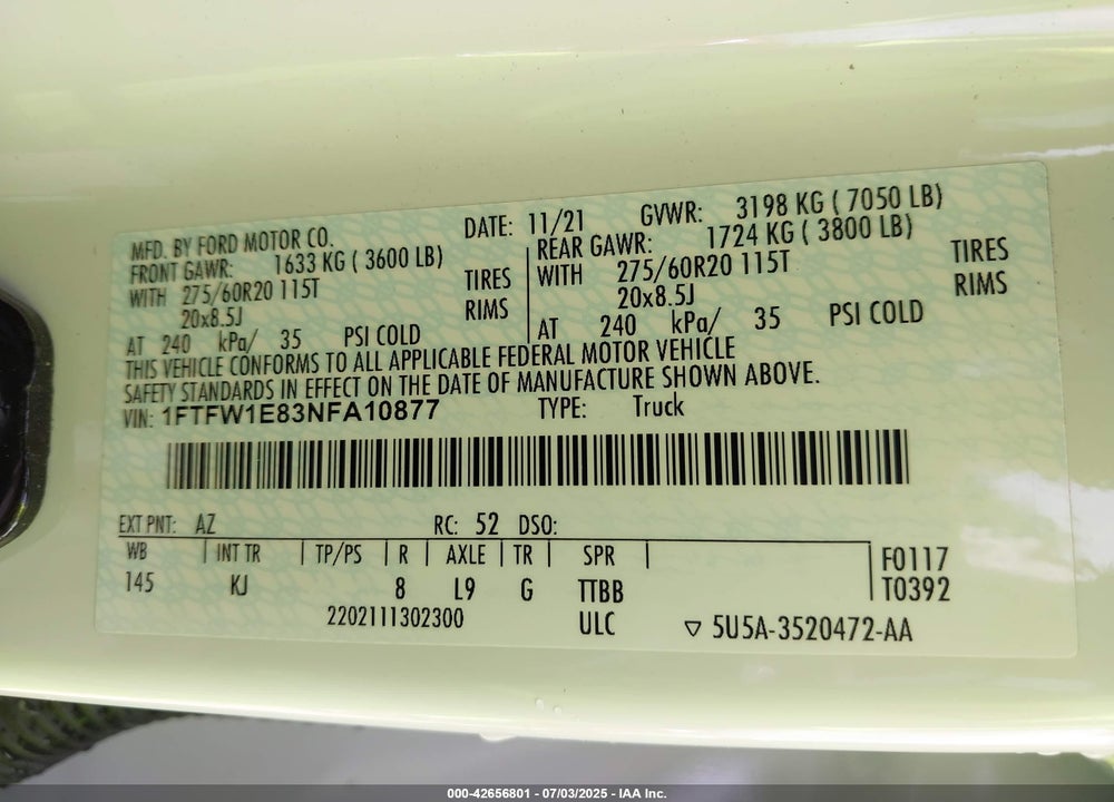2022 FORD F-150 VIN: 1FTFW1E83NFA10877