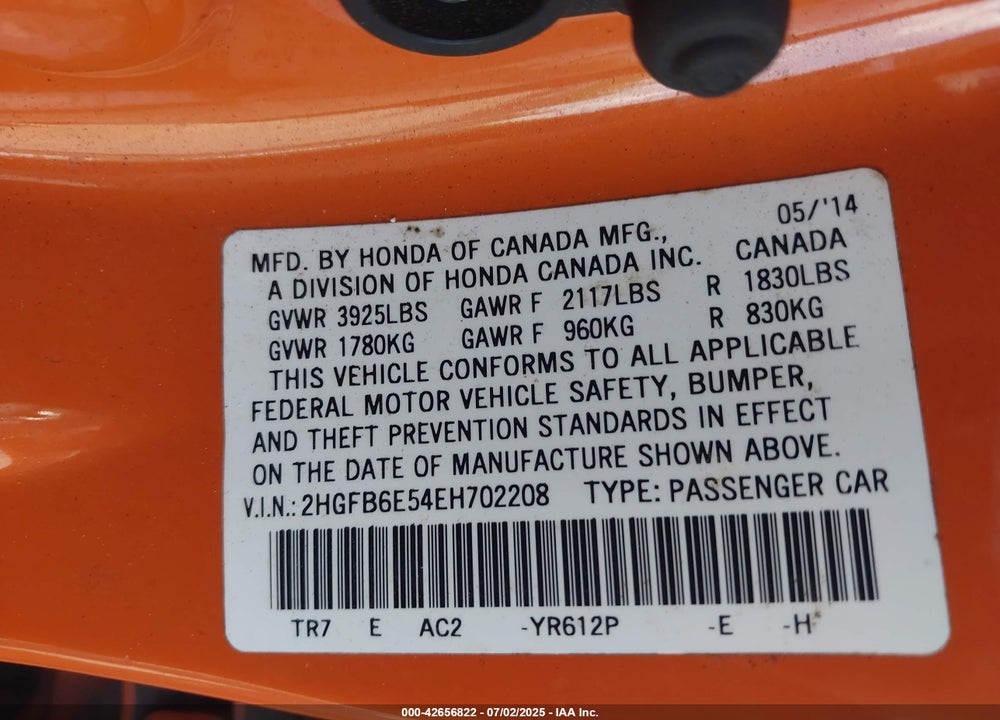 2014 HONDA CIVIC SI VIN: 2HGFB6E54EH702208