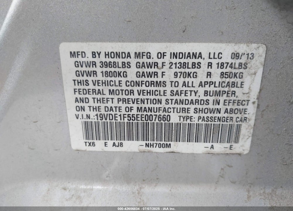 2014 ACURA ILX 2.0L VIN: 19VDE1F55EE007660