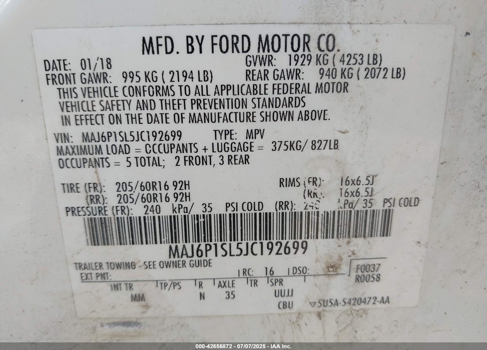2018 FORD ECOSPORT VIN: MAJ6P1SL5JC192699