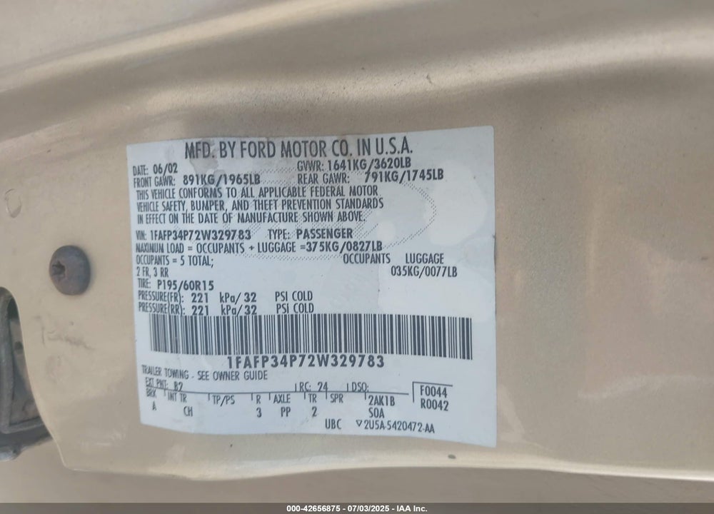 2002 FORD FOCUS SE VIN: 1FAFP34P72W329783