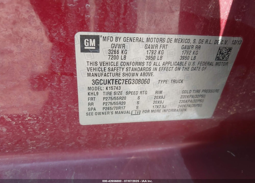 2014 CHEVROLET SILVERADO 1500 VIN: 3GCUKTEC7EG308060