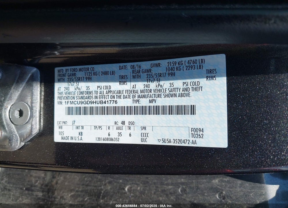 2017 FORD ESCAPE SE VIN: 1FMCU9GD9HUB41776