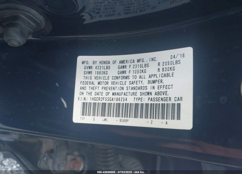 2016 HONDA ACCORD SPORT VIN: 1HGCR2F55GA186254