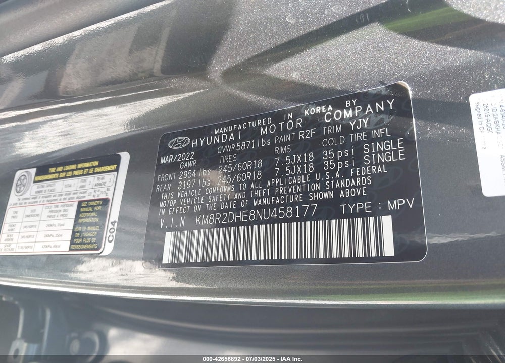 2022 HYUNDAI PALISADE VIN: KM8R2DHE8NU458177