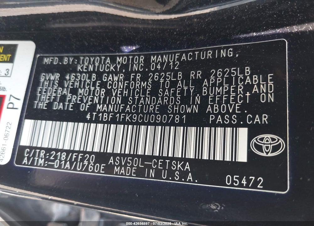 2012 TOYOTA CAMRY SE VIN: 4T1BF1FK9CU090781