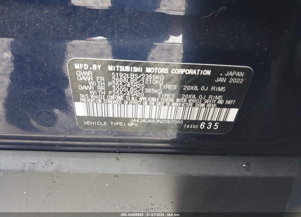 2022 MITSUBISHI OUTLANDER VIN: JA4J4UA83NZ067080