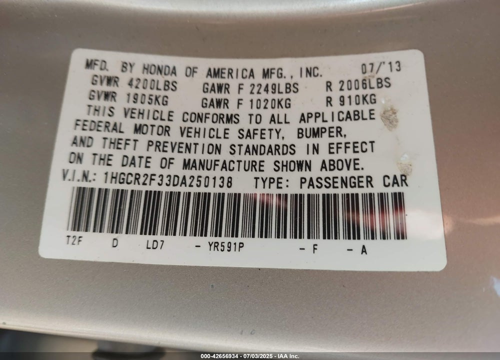 2013 HONDA ACCORD VIN: 1HGCR2F33DA250138