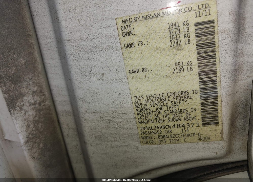2012 NISSAN ALTIMA VIN: 1N4AL2AP8CN484371