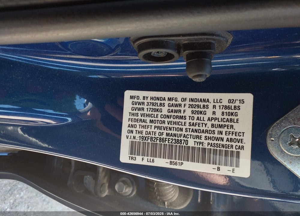 2015 HONDA CIVIC VIN: 19XFB2F86FE238870