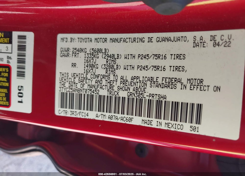 2022 TOYOTA TACOMA SR5 V6 VIN: 3TYCZ5AN8NT075452