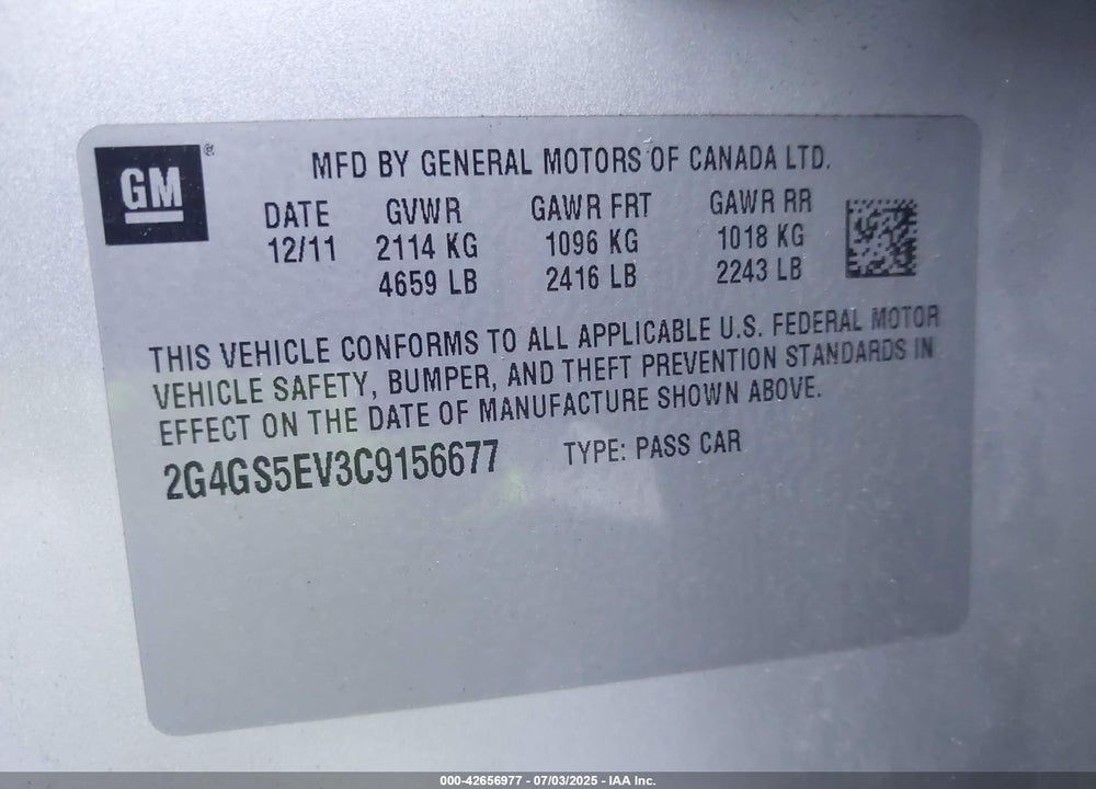 2012 BUICK REGAL VIN: 2G4GS5EV3C9156677