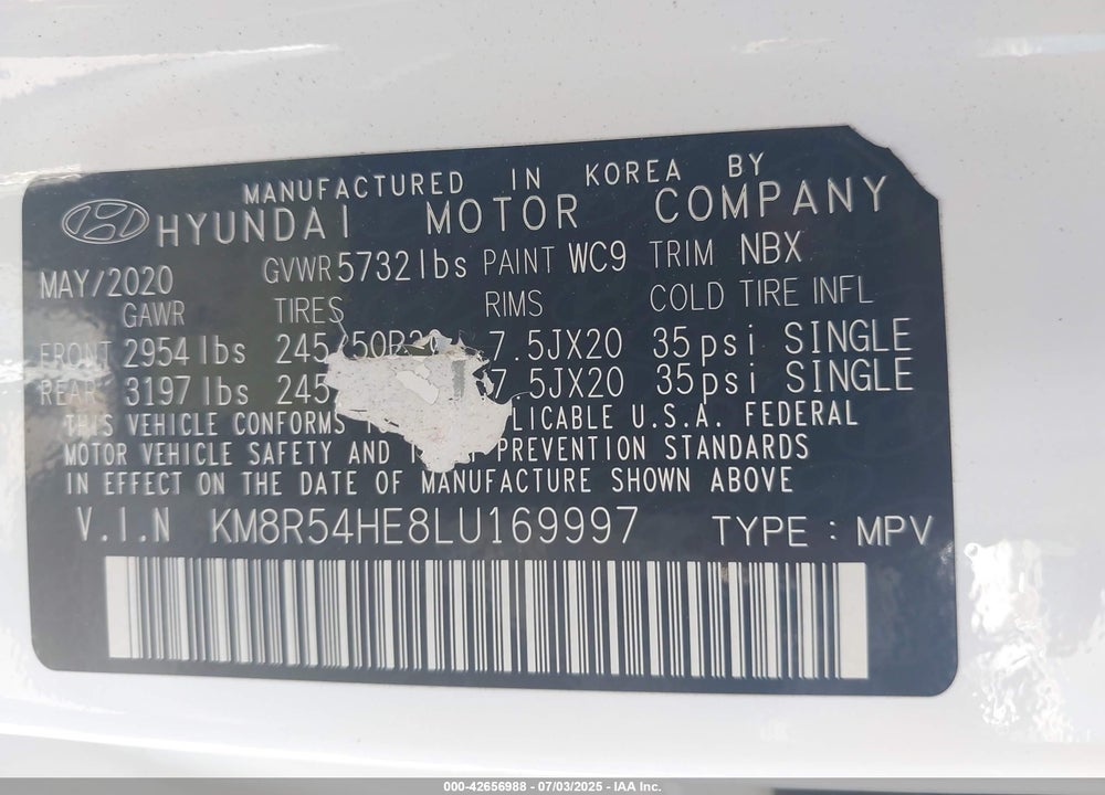 2020 HYUNDAI PALISADE VIN: KM8R54HE8LU169997