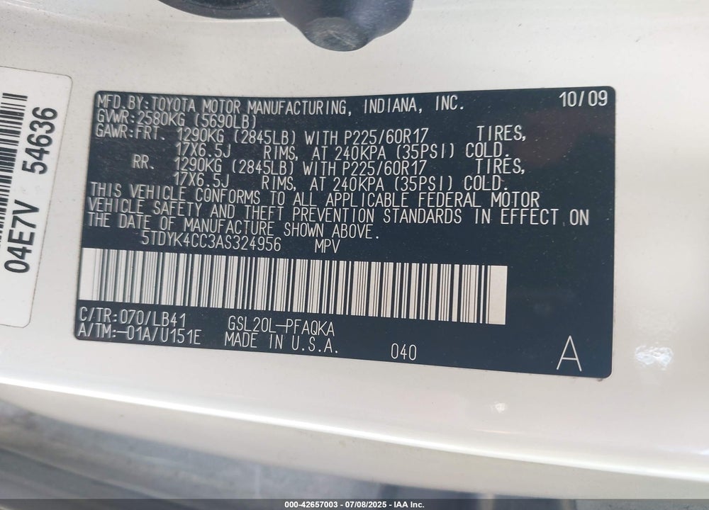 2010 TOYOTA SIENNA VIN: 5TDYK4CC3AS324956