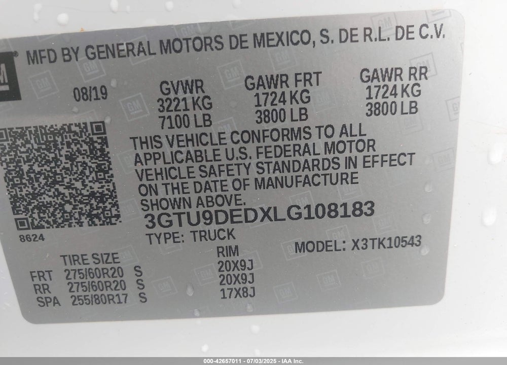 2020 GMC SIERRA 1500 VIN: 3GTU9DEDXLG108183