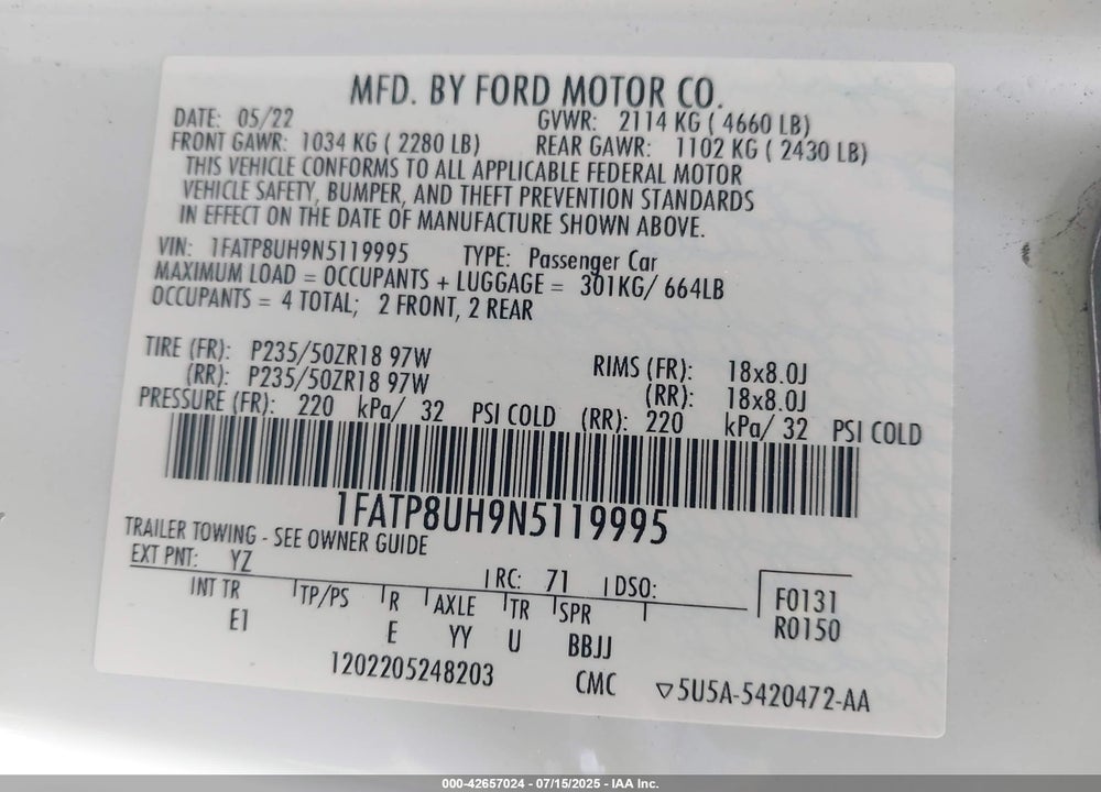2022 FORD MUSTANG VIN: 1FATP8UH9N5119995