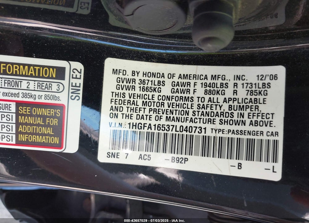2007 HONDA CIVIC VIN: 1HGFA16537L040731