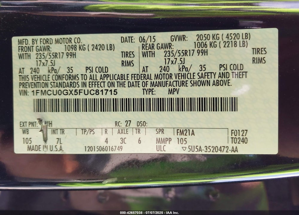 2015 FORD ESCAPE SE VIN: 1FMCU0GX5FUC81715