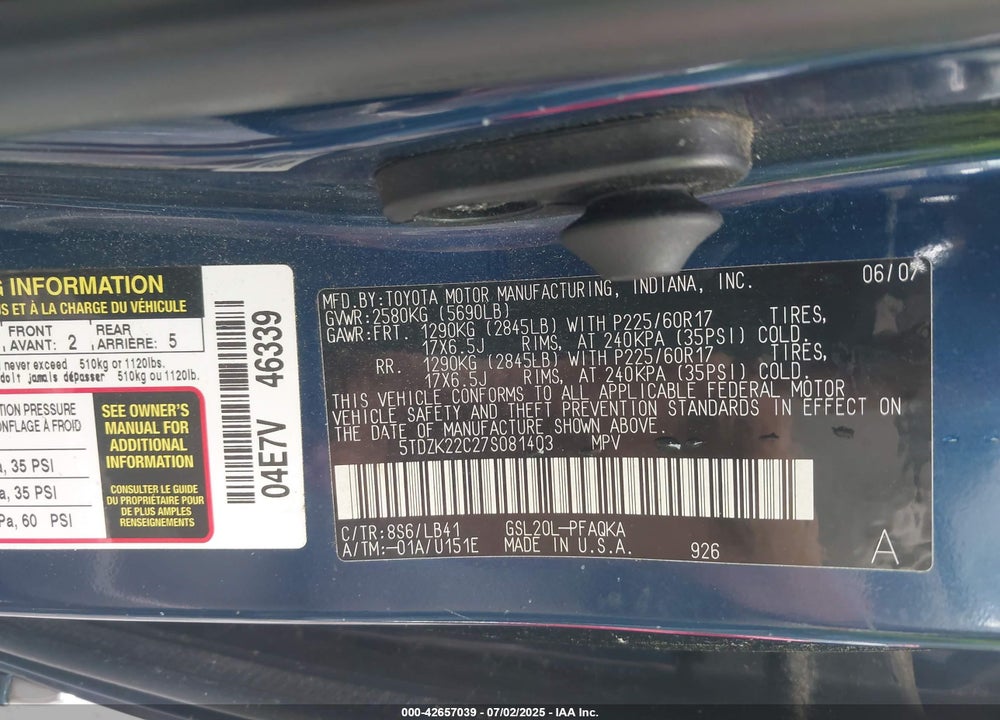 2007 TOYOTA SIENNA XLE LIMITED VIN: 5TDZK22C27S081403