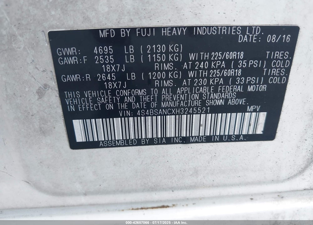 2017 SUBARU OUTBACK 2.5I LIMITED VIN: 4S4BSANCXH3245521