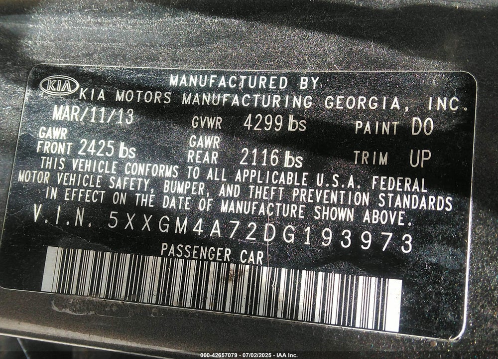 2013 KIA OPTIMA VIN: 5XXGM4A72DG193973