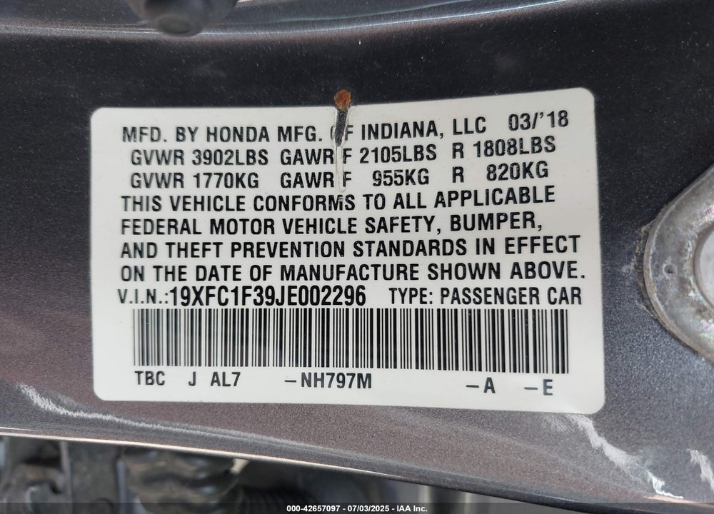 2018 HONDA CIVIC VIN: 19XFC1F39JE002296
