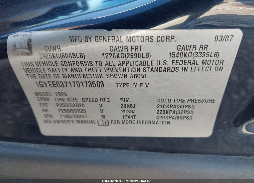 2007 CADILLAC SRX VIN: 1GYEE637170173503