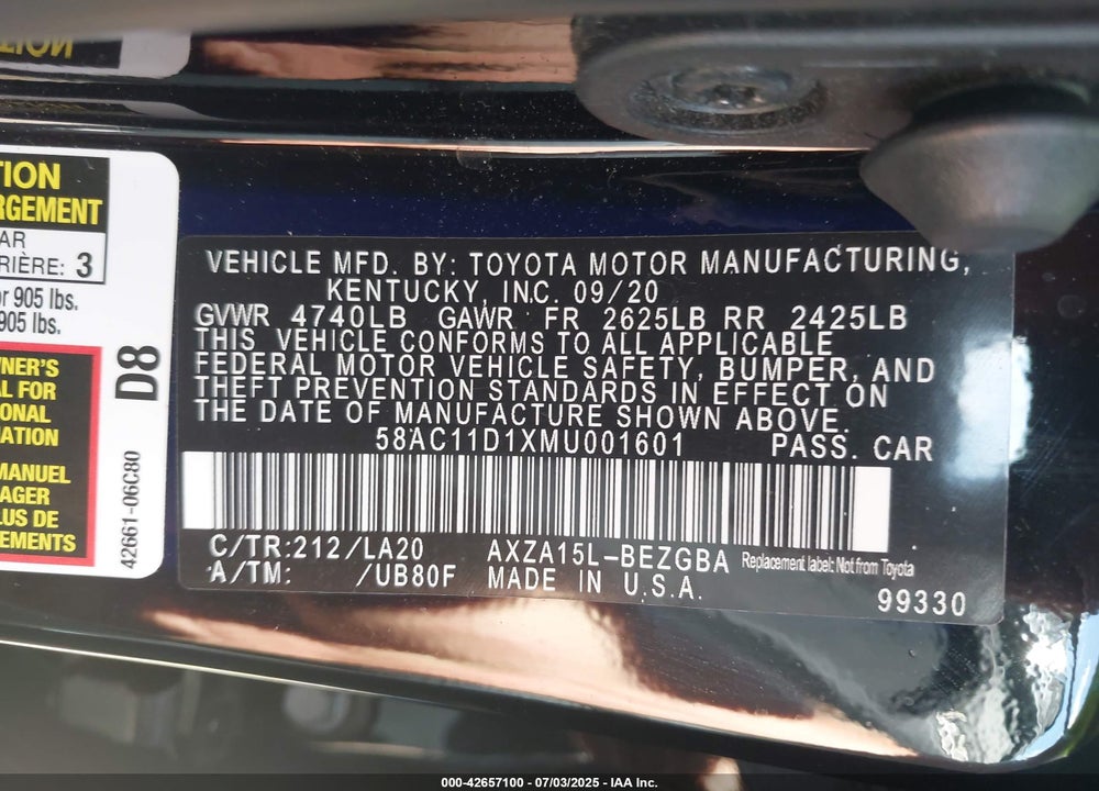 2021 LEXUS ES 250 VIN: 58AC11D1XMU001601