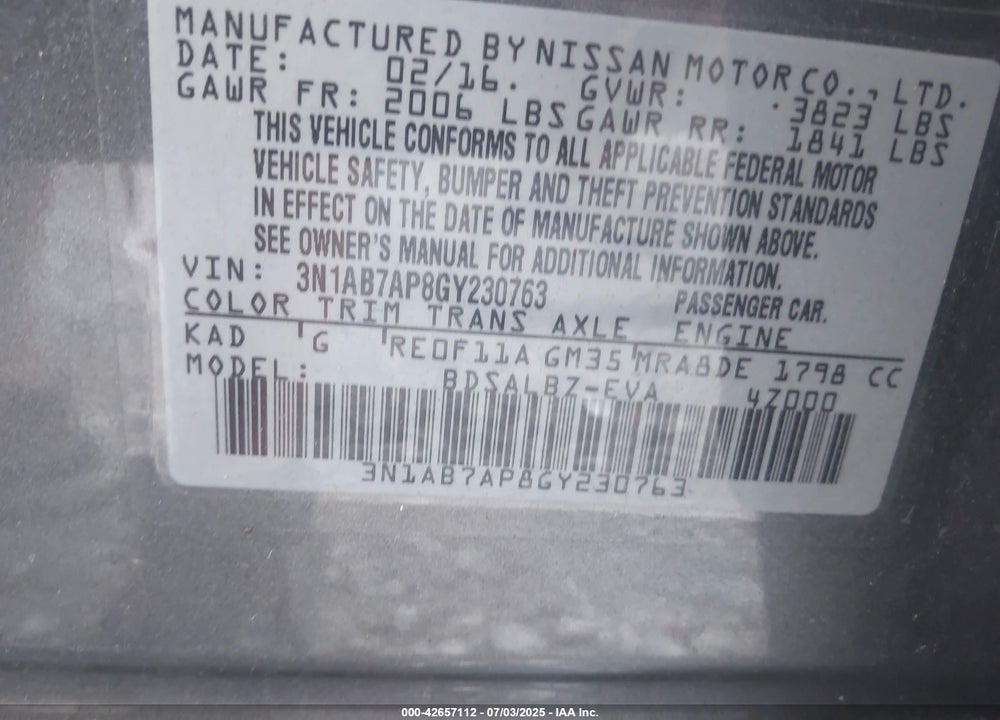 2016 NISSAN SENTRA VIN: 3N1AB7AP8GY230763
