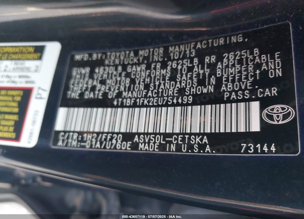 2014 TOYOTA CAMRY VIN: 4T1BF1FK2EU754499