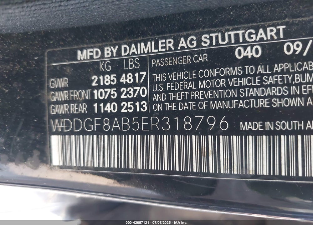 2014 MERCEDES-BENZ C CLASS VIN: WDDGF8AB5ER318796