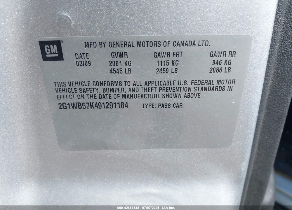 2009 CHEVROLET IMPALA VIN: 2G1WB57K491291184