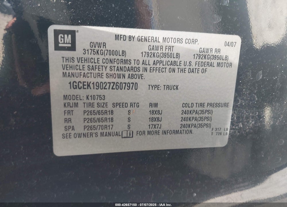 2007 CHEVROLET SILVERADO 1500 VIN: 1GCEK19027Z607970