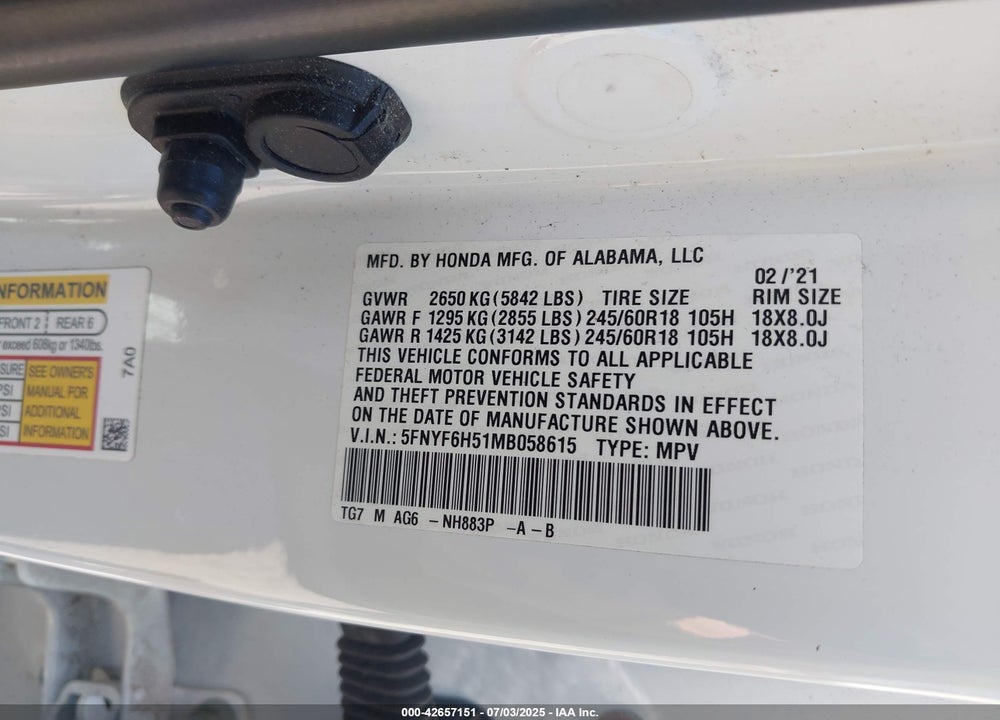 2021 HONDA PILOT VIN: 5FNYF6H51MB058615