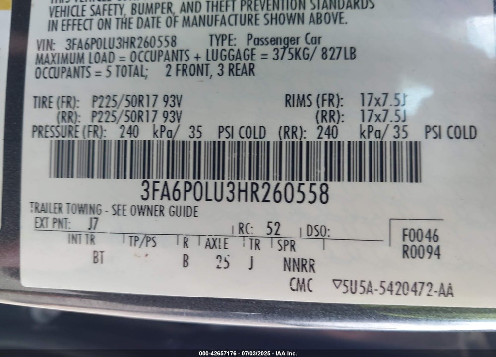 2017 FORD FUSION HYBRID VIN: 3FA6P0LU3HR260558