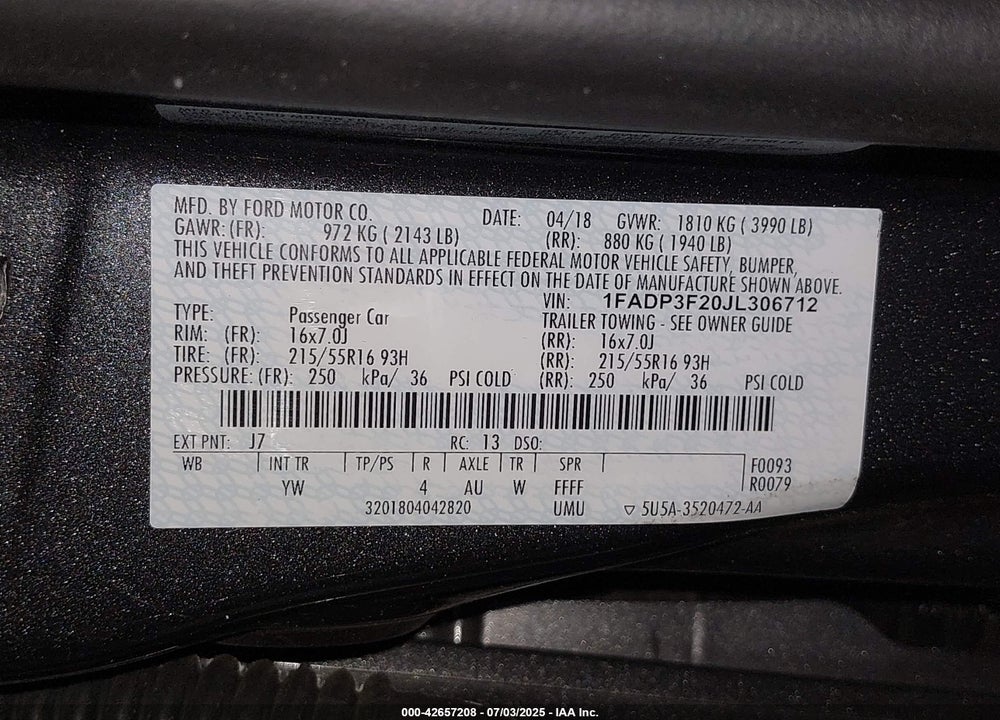 2018 FORD FOCUS SE VIN: 1FADP3F20JL306712