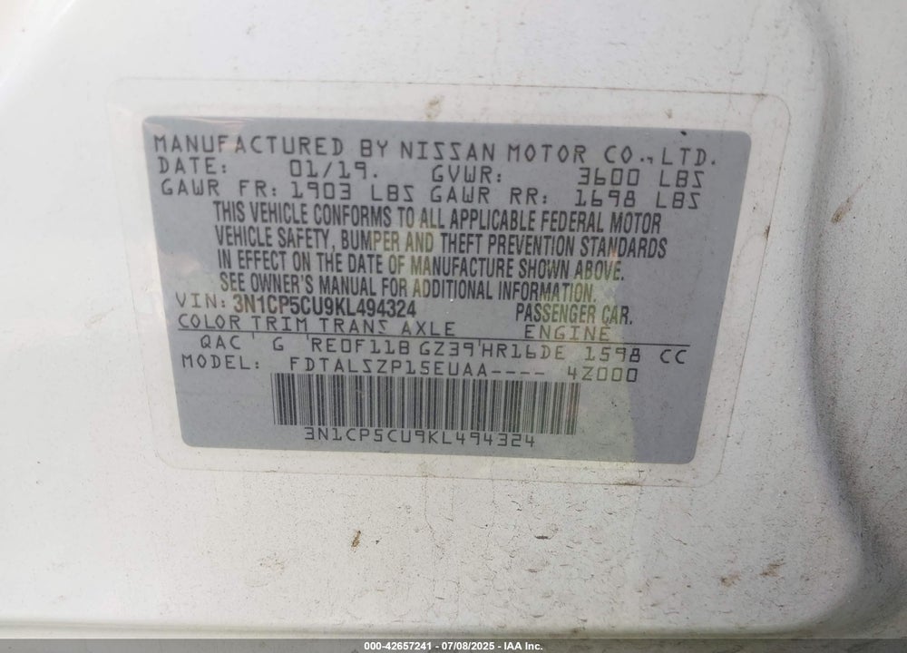 2019 NISSAN KICKS VIN: 3N1CP5CU9KL494324