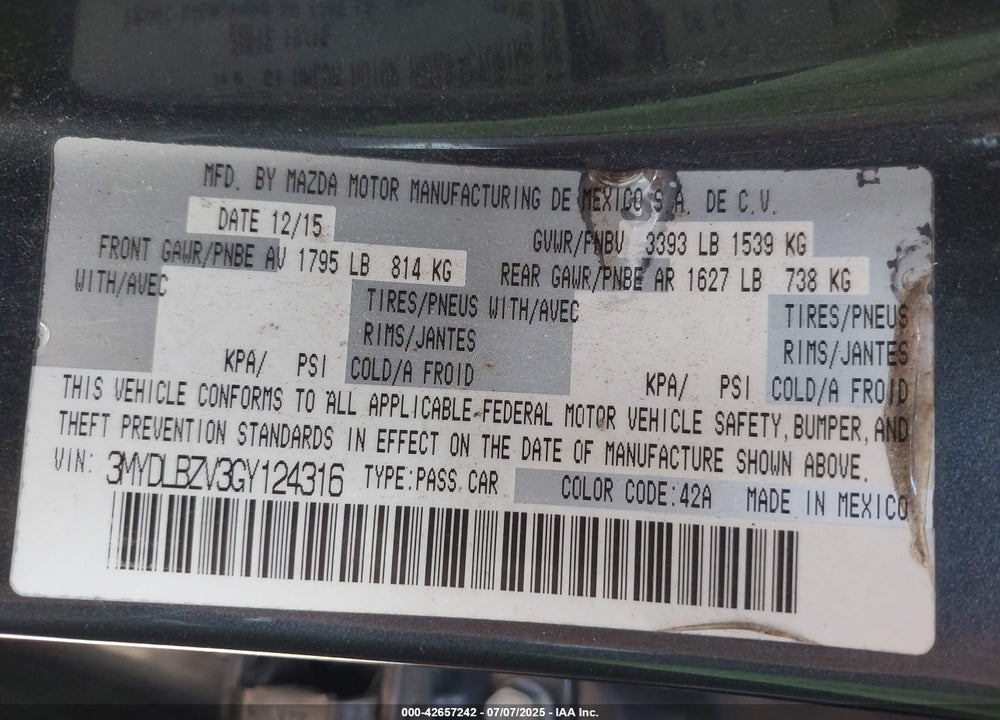 2016 SCION IA VIN: 3MYDLBZV3GY124316