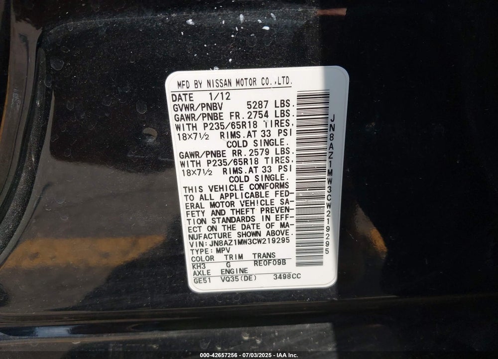 2012 NISSAN MURANO VIN: JN8AZ1MW3CW219295