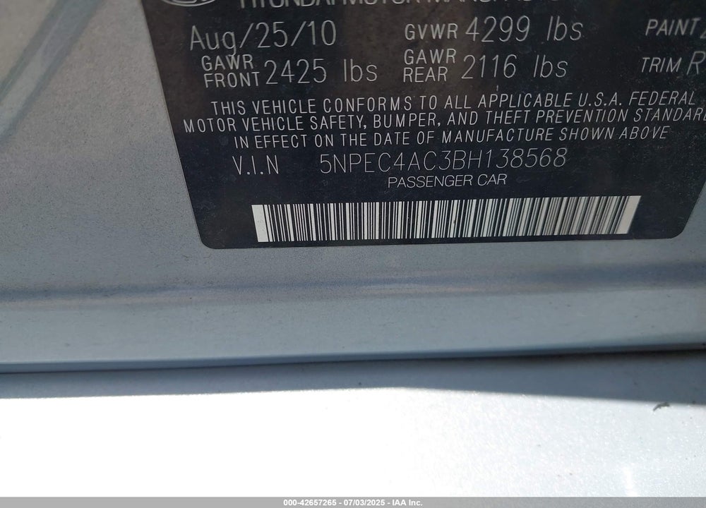 2011 HYUNDAI SONATA SE VIN: 5NPEC4AC3BH138568