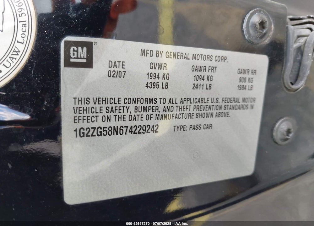 2007 PONTIAC G6 VIN: 1G2ZG58N674229242