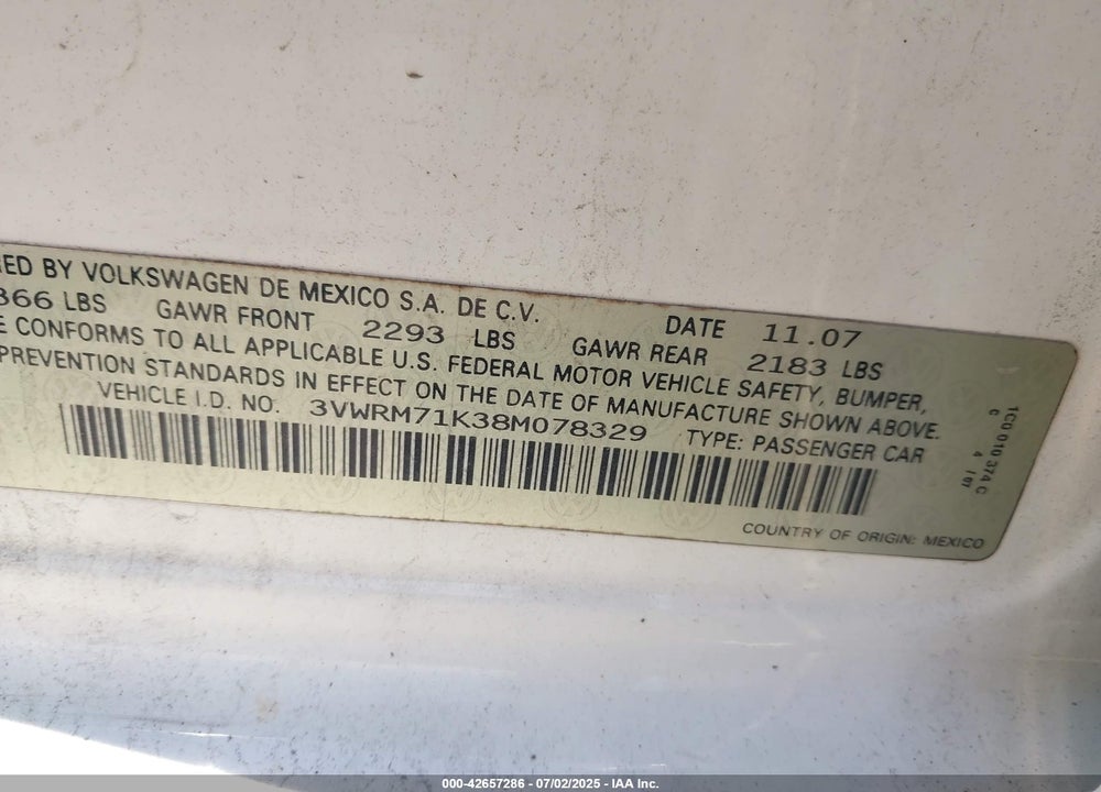 2008 VOLKSWAGEN JETTA SE/SEL VIN: 3VWRM71K38M078329