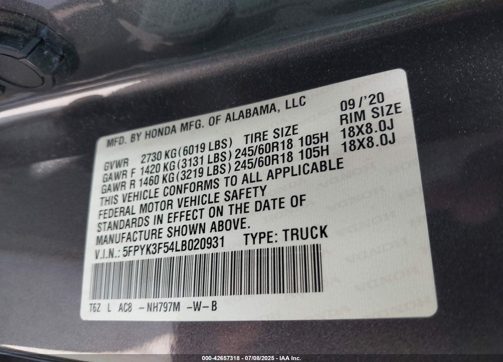 2020 HONDA RIDGELINE VIN: 5FPYK3F54LB020931