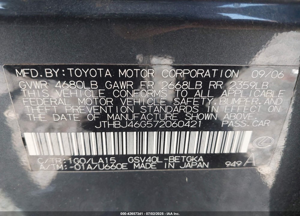 2007 LEXUS ES350 VIN: JTHBJ46G572060421